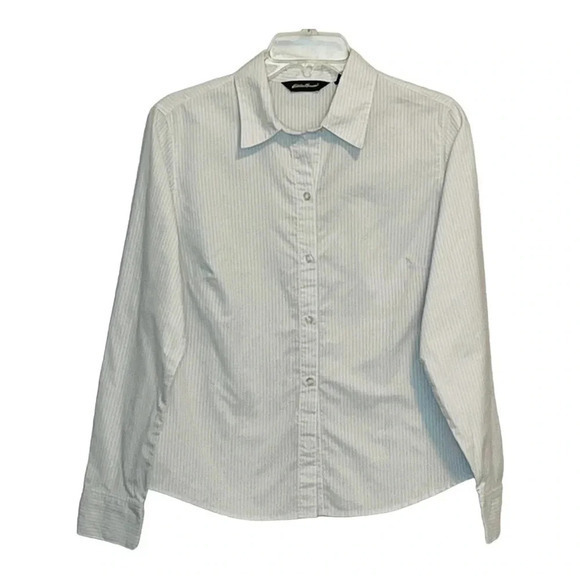 EDDIE BAUER STRIPED BUTTON DOWN‎ WOMEN'S WHITE LIGHT BLUE 100% COTTON SIZ… - Picture 1 of 7